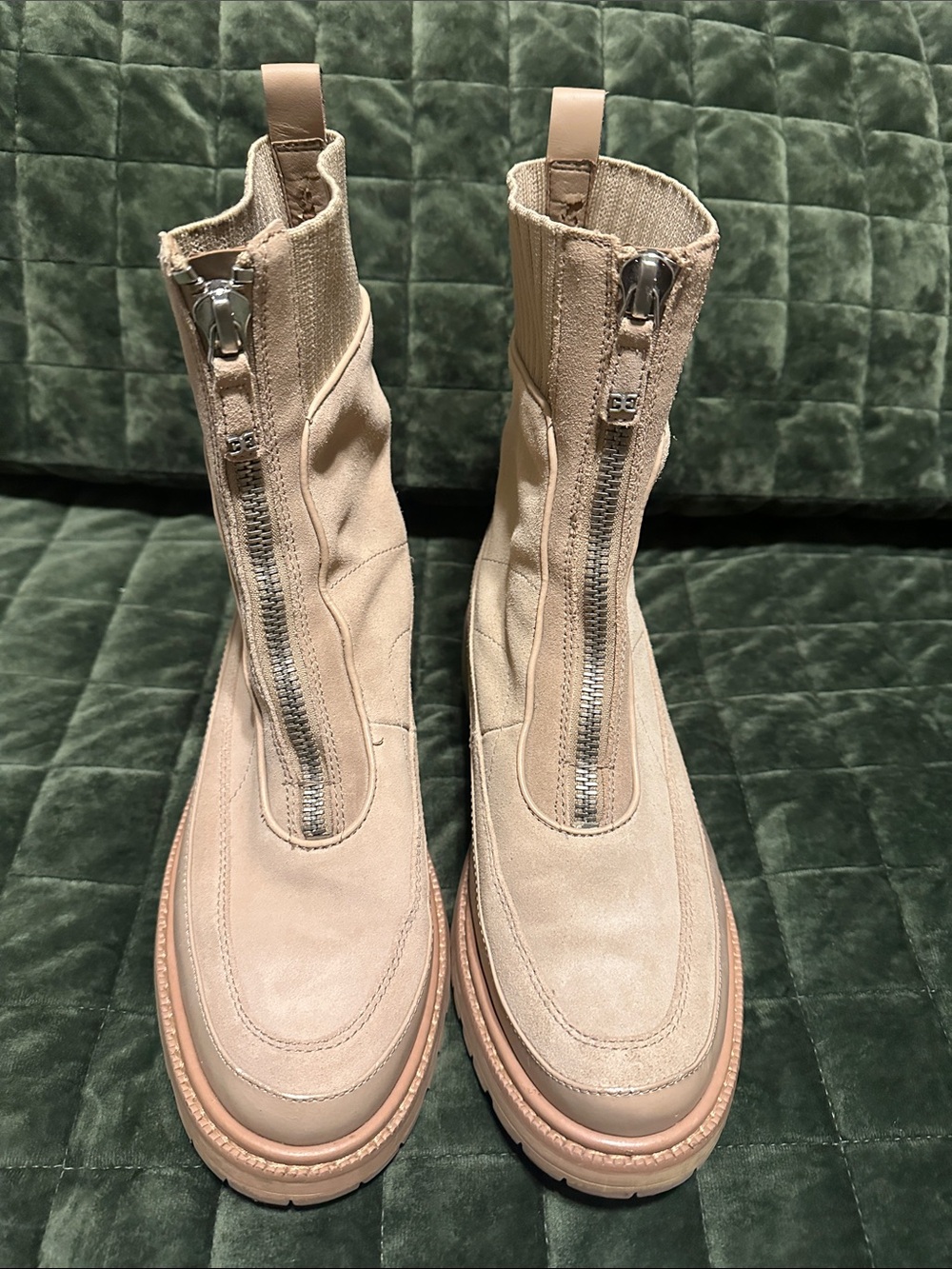 Sam Edelman Beige Front-Zip Chunky Sole Ankle Boots